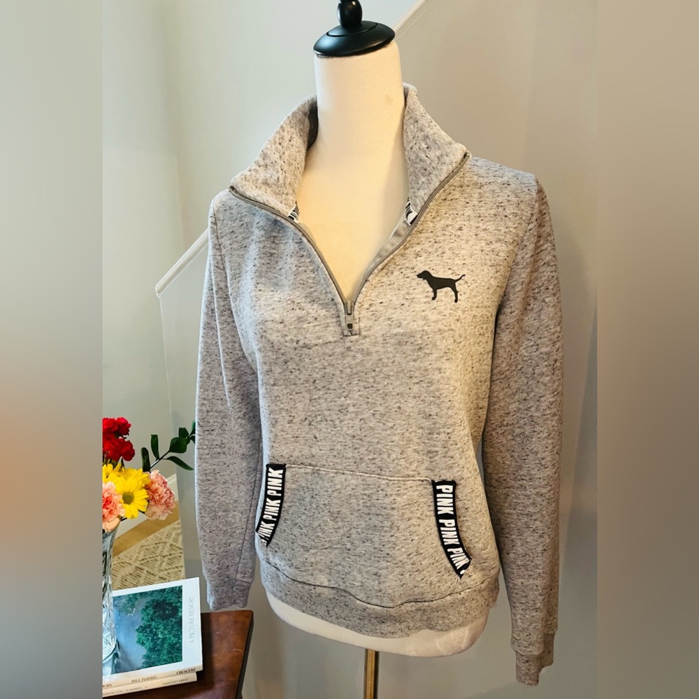 PINK VICTORIAS SECRET Pullover Gray 1/4 Zip Black Dog Sweat Shirt